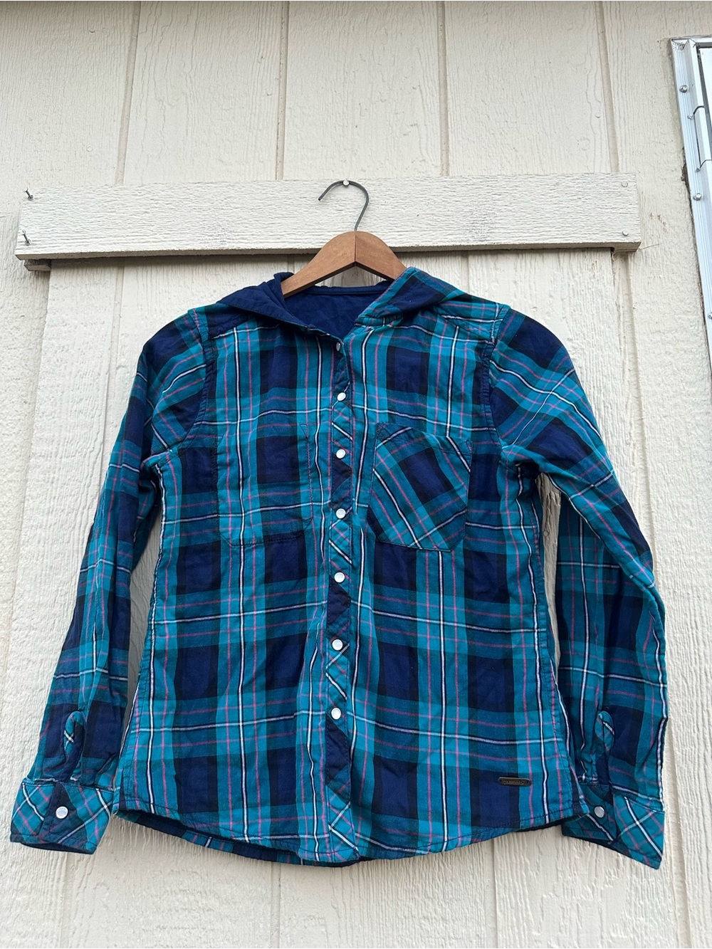 Women Plaid Hooded Roadster Reversible Button-Down Shirt - Blue/Teal Sz Small